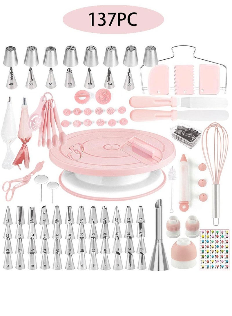 Cake Decorating Kit,137pcs Cake Decorating Supplies with Cake Turntable for Decorating,Pastry Piping Bag,Russian Piping Tips Baking Tools, Cake Baking Supplies for Beginners(Light Pink) - Image 1
